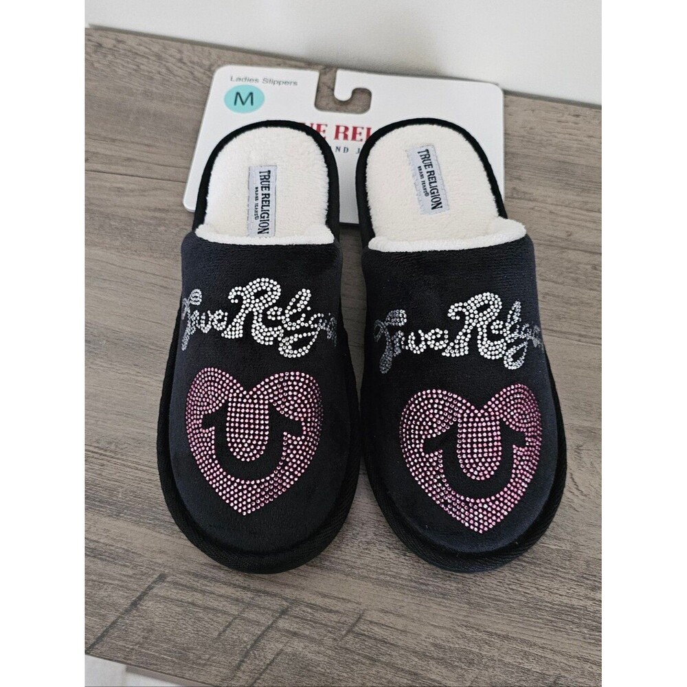 True Religion Black Plush Slide Slippers with Pink Rhinestone Heart Medium 6.5